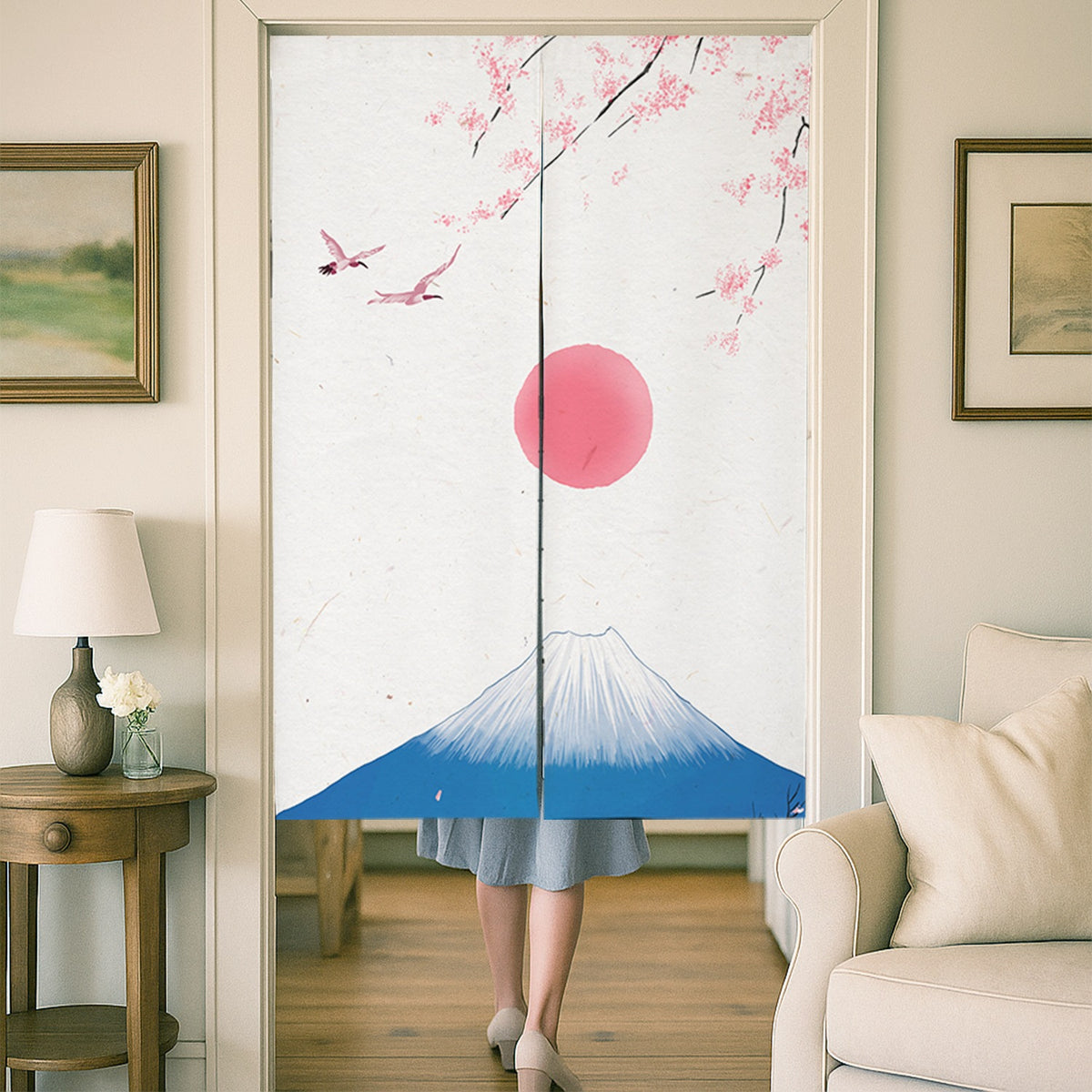 Feblilac Mount Fuji Cherry Blossom Red Sun Door Curtain