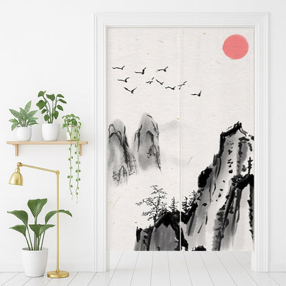 Feblilac Towering Mountains Red Sun Door Curtain