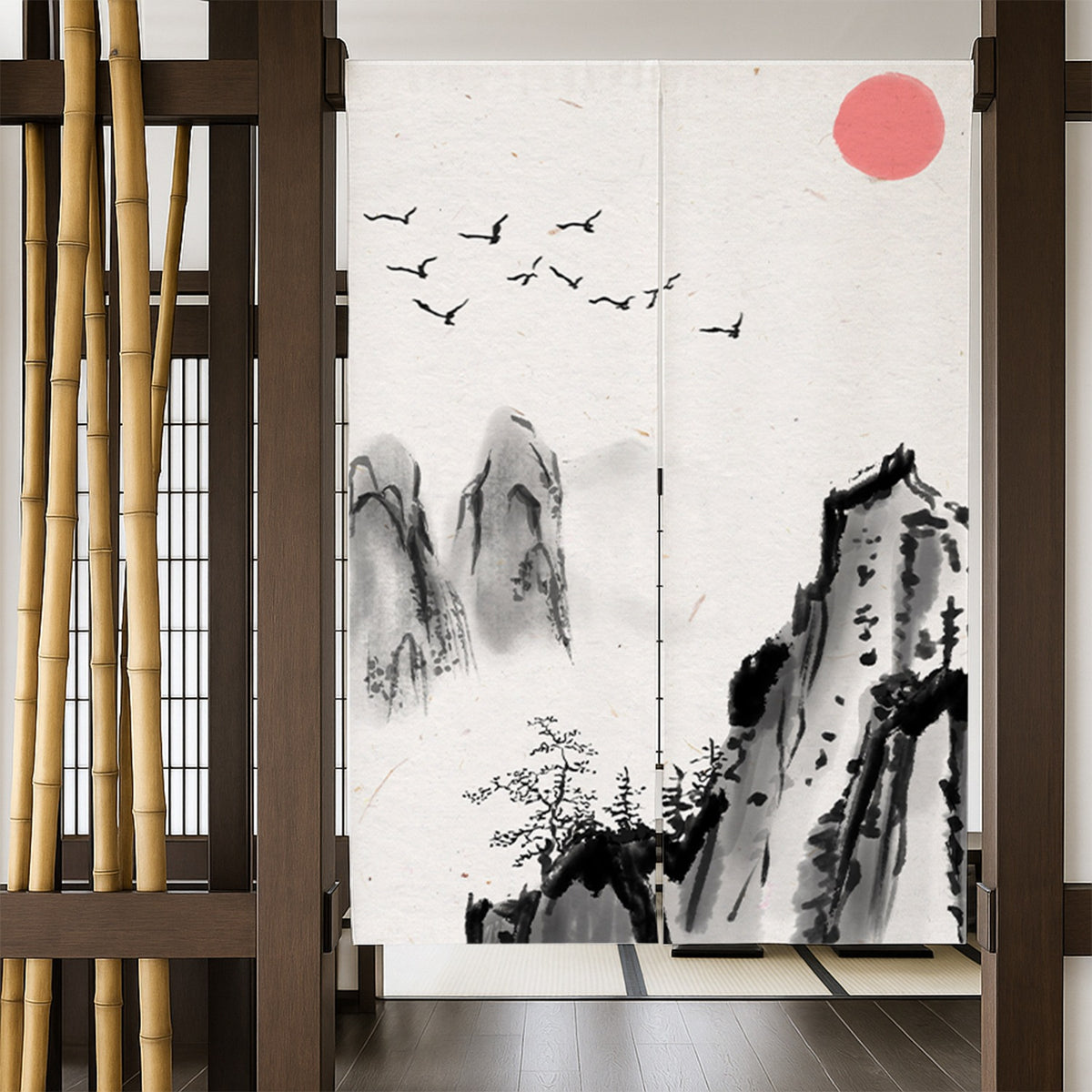 Feblilac Towering Mountains Red Sun Door Curtain