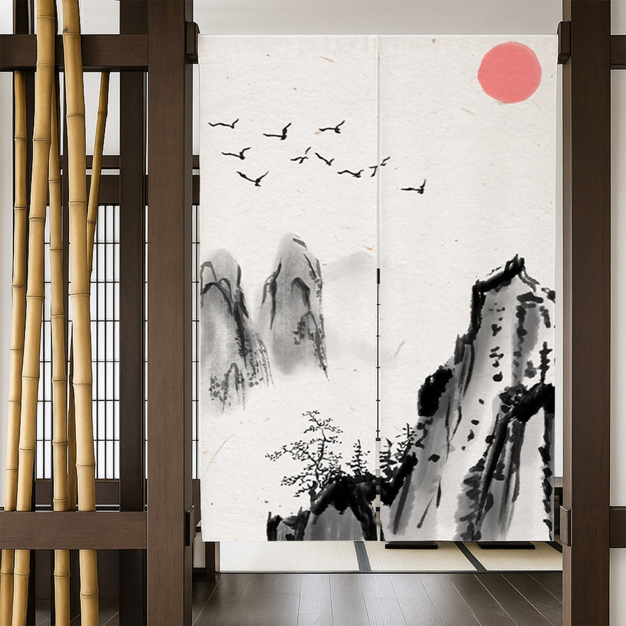 Feblilac Towering Mountains Red Sun Door Curtain