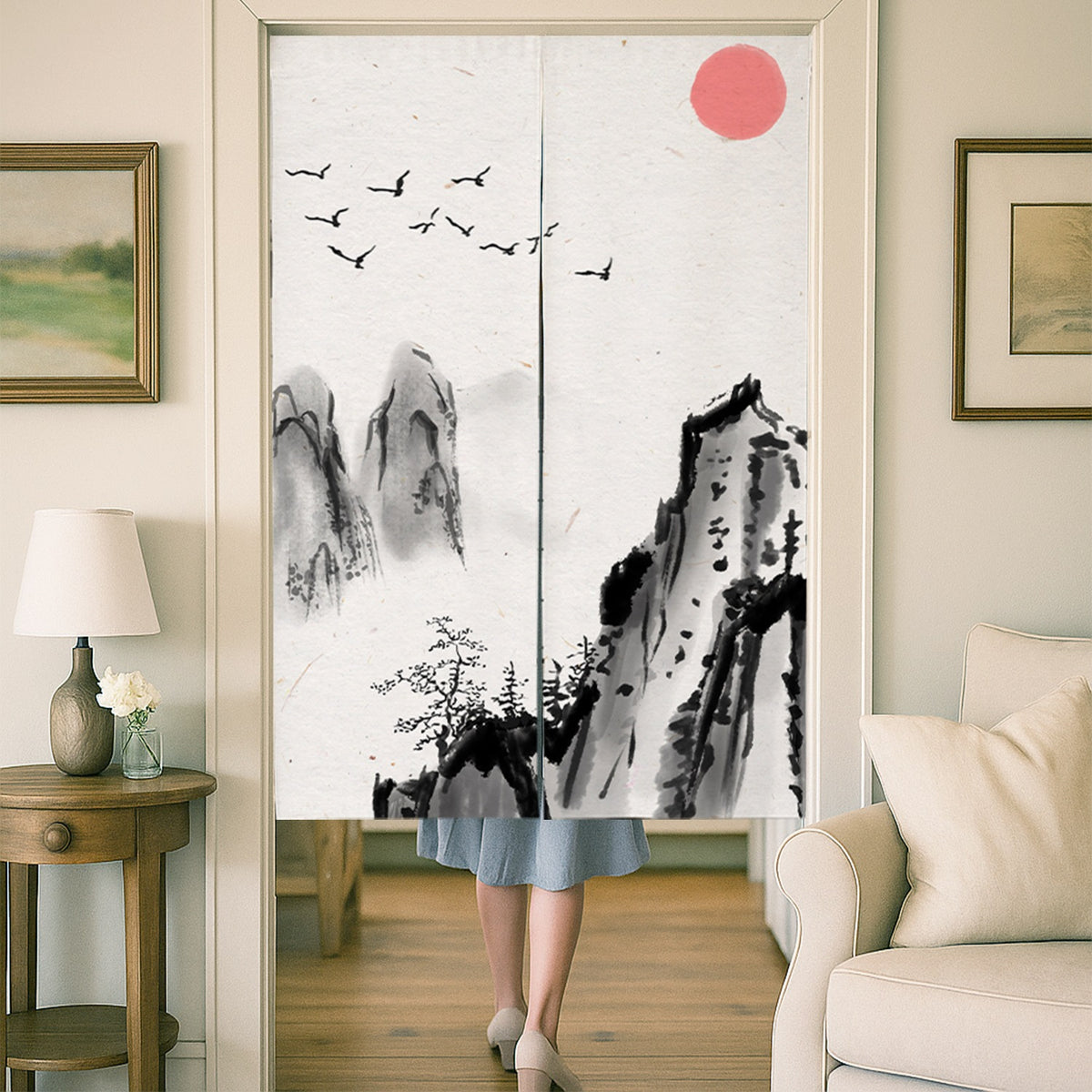 Feblilac Towering Mountains Red Sun Door Curtain