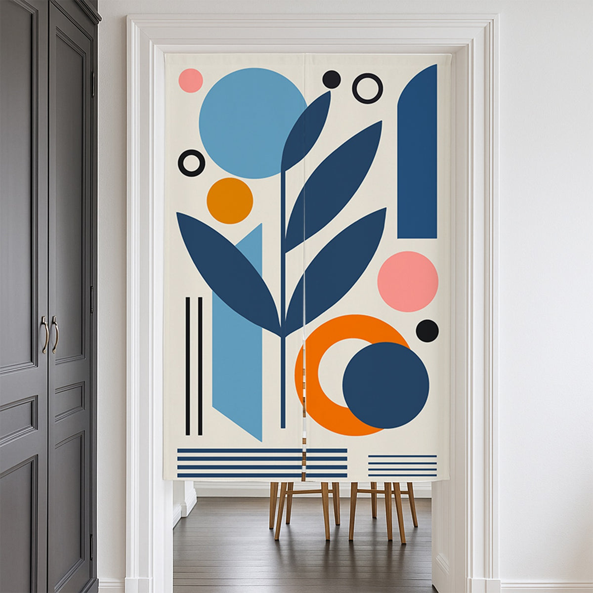Feblilac Blue and Orange Modern Leaf Circles Door Curtain