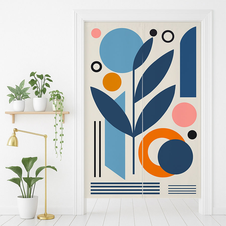 Feblilac Blue and Orange Modern Leaf Circles Door Curtain