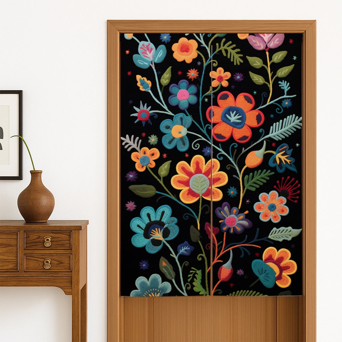 Feblilac Black Ground Floral Pattern Door Curtain