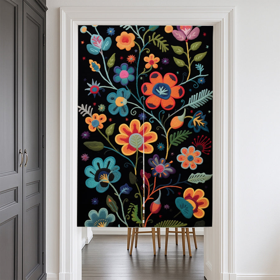 Feblilac Black Ground Floral Pattern Door Curtain