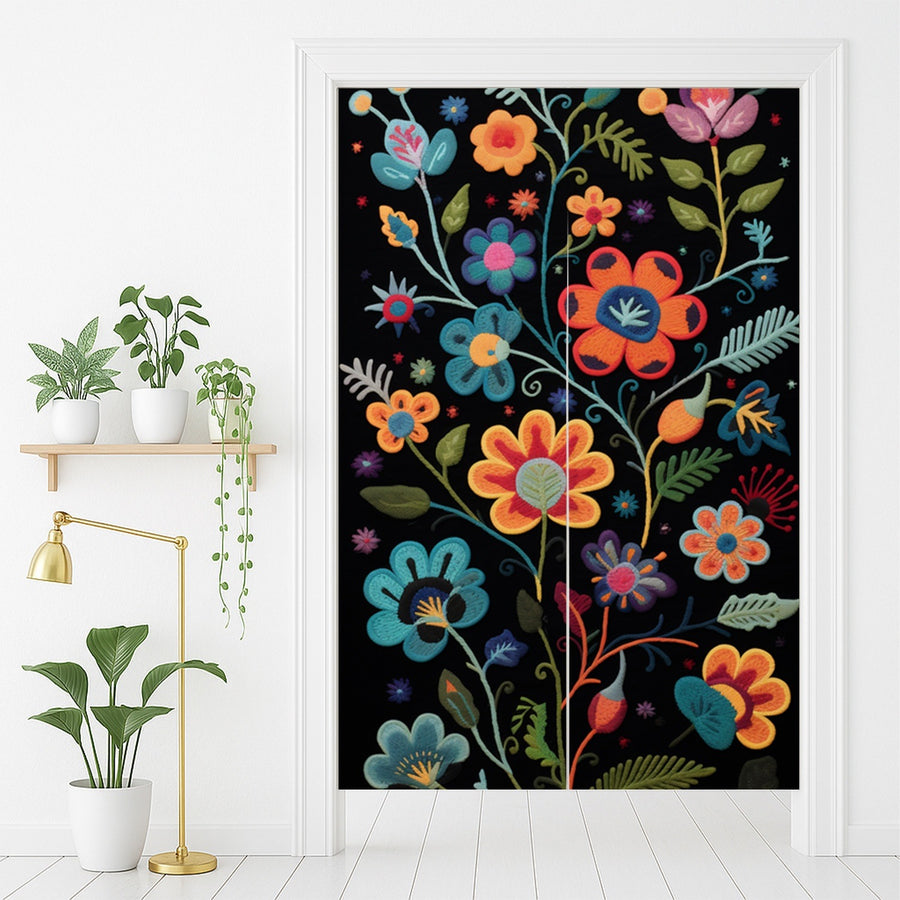 Feblilac Black Ground Floral Pattern Door Curtain