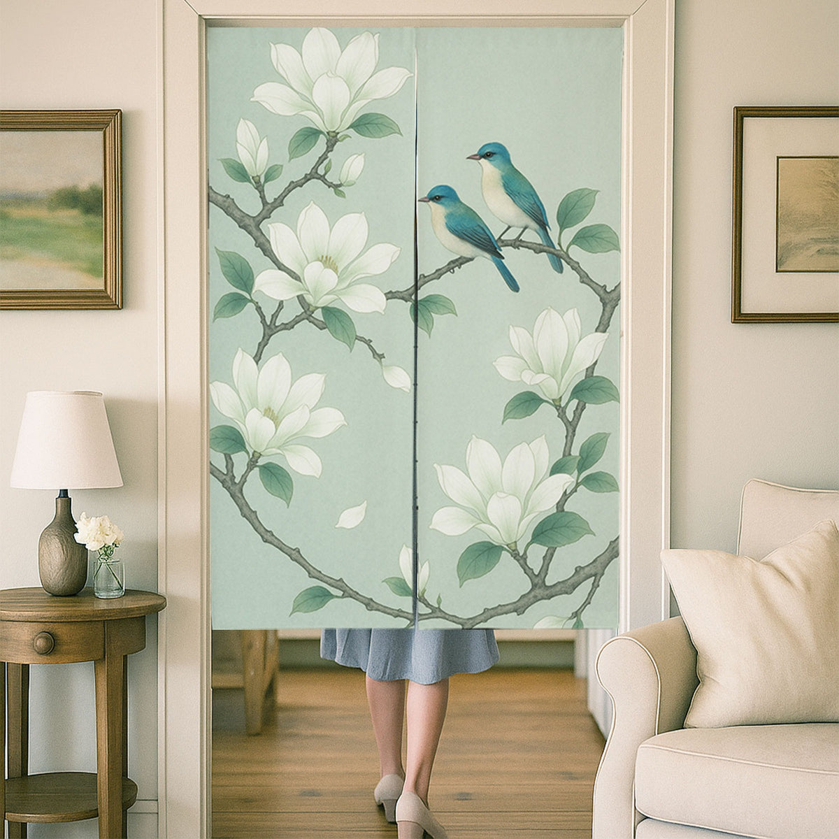 Feblilac Magnolia and Two Birds Door Curtain