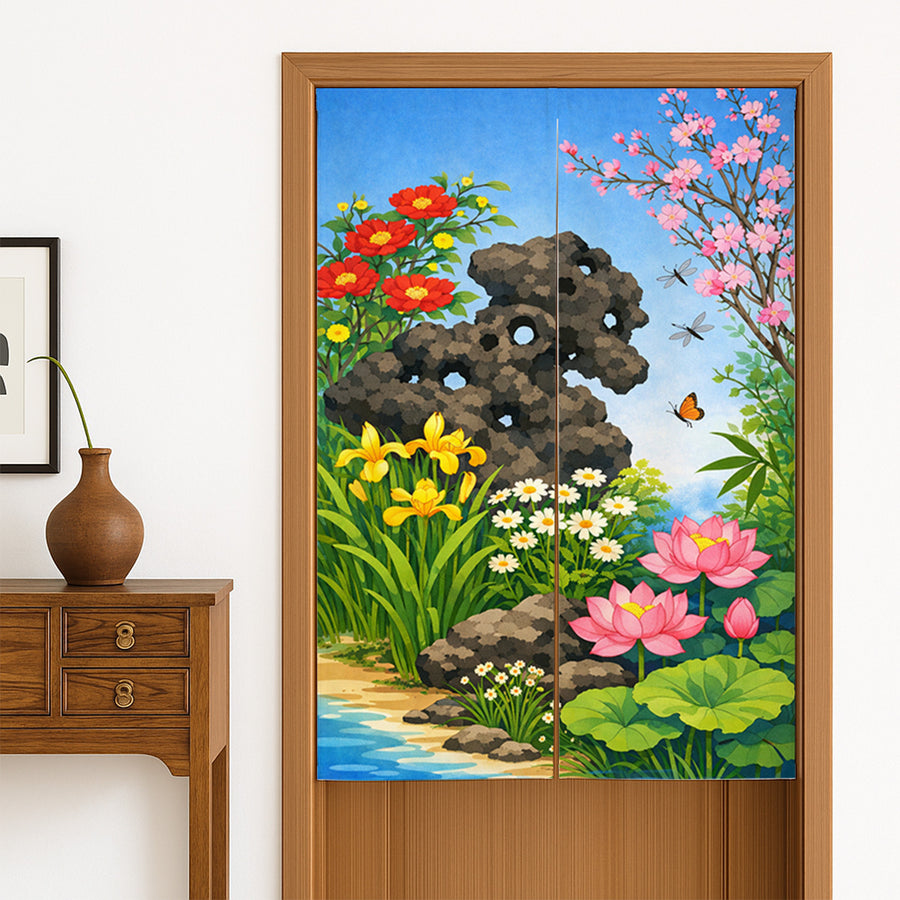 Feblilac Floral Garden Doorway Curtain, Japanese Style Noren Curtain