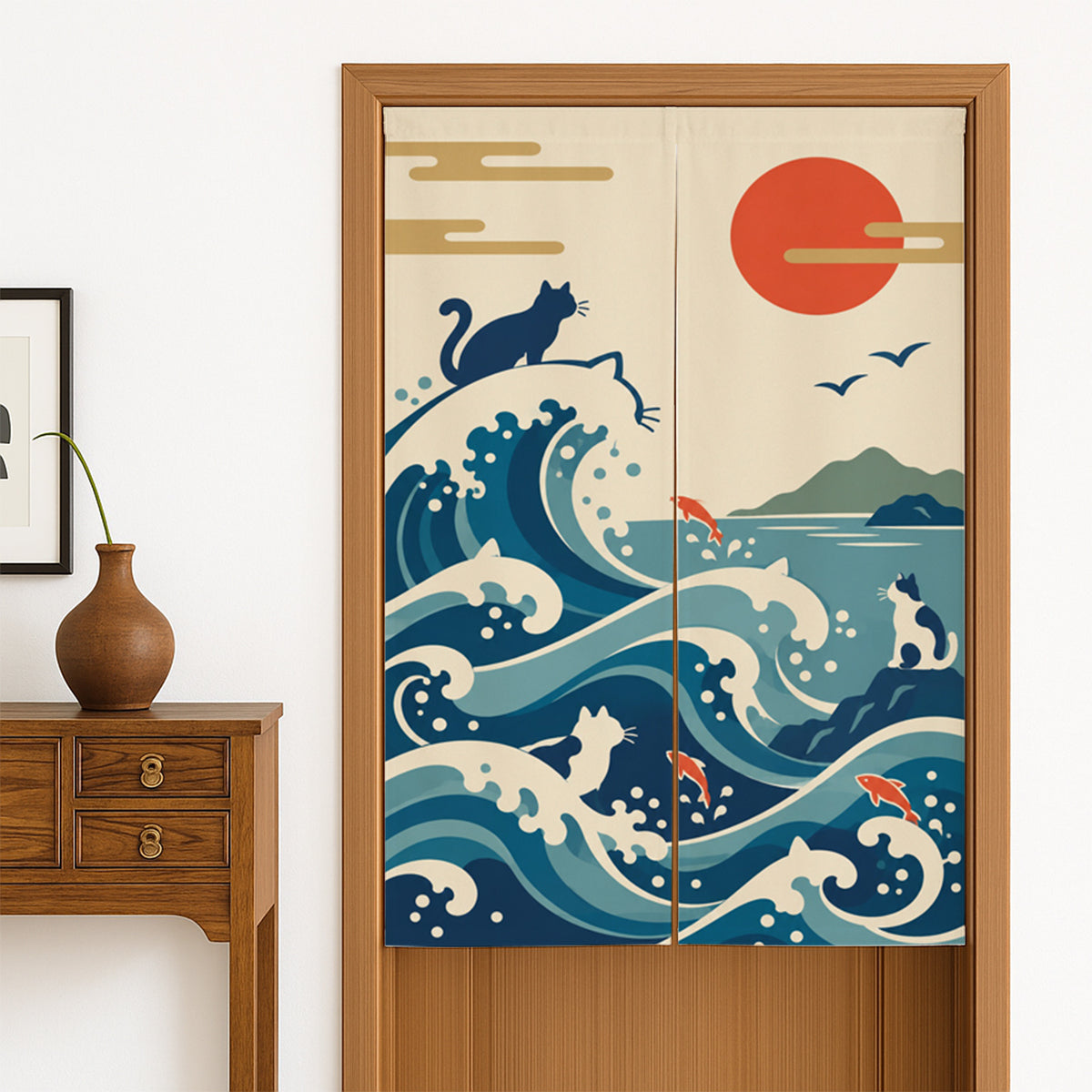 Feblilac Japanese Cat and Waves door curtain hanging in a Japanese style hallway