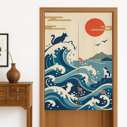 Feblilac Japanese Cat and Waves door curtain hanging in a Japanese style hallway