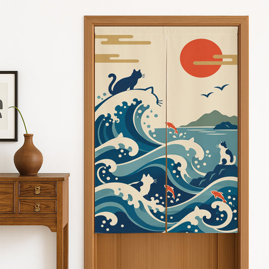 Feblilac Japanese Cat and Waves door curtain hanging in a Japanese style hallway