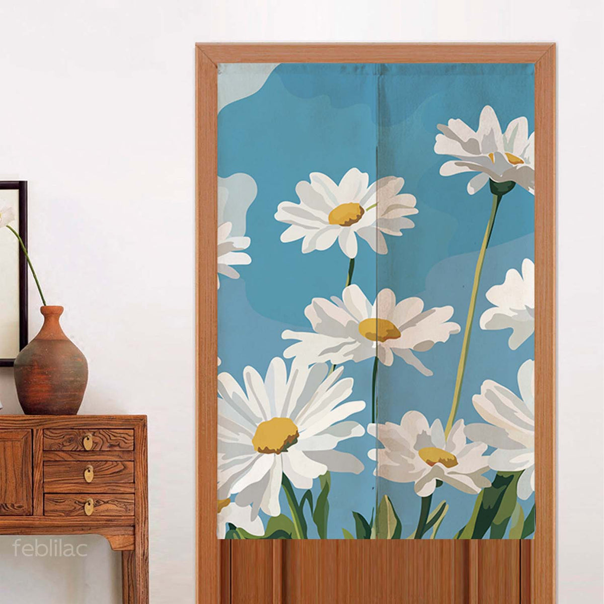 Feblilac Blue Sky Daisies door curtain hanging in a Japanese style hallway