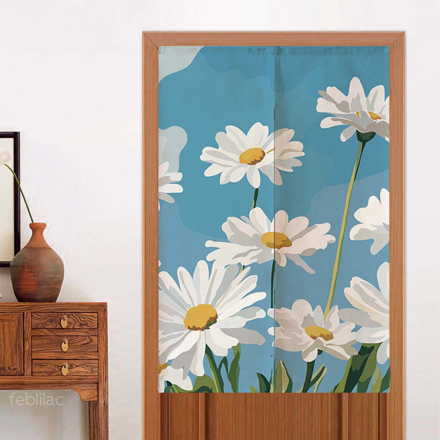 Feblilac Blue Sky Daisies door curtain hanging in a Japanese style hallway