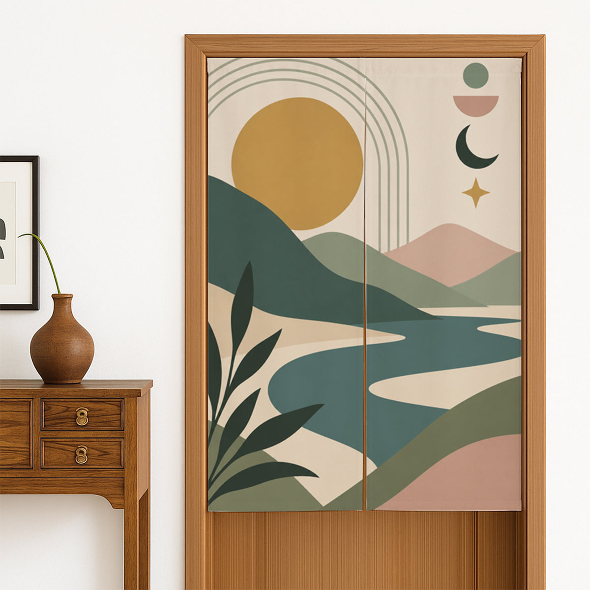 Feblilac Sun Moon Mountain Stream door curtain hanging in a Japanese style hallway