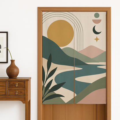 Feblilac Sun Moon Mountain Stream door curtain hanging in a Japanese style hallway
