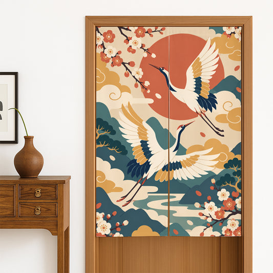 Feblilac Japanese Crane Blossom door curtain hanging in a Japanese style hallway