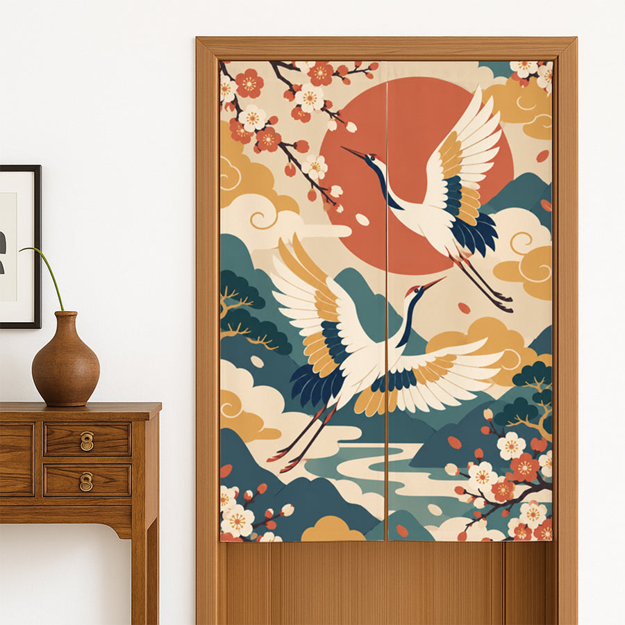 Feblilac Japanese Crane Blossom door curtain hanging in a Japanese style hallway