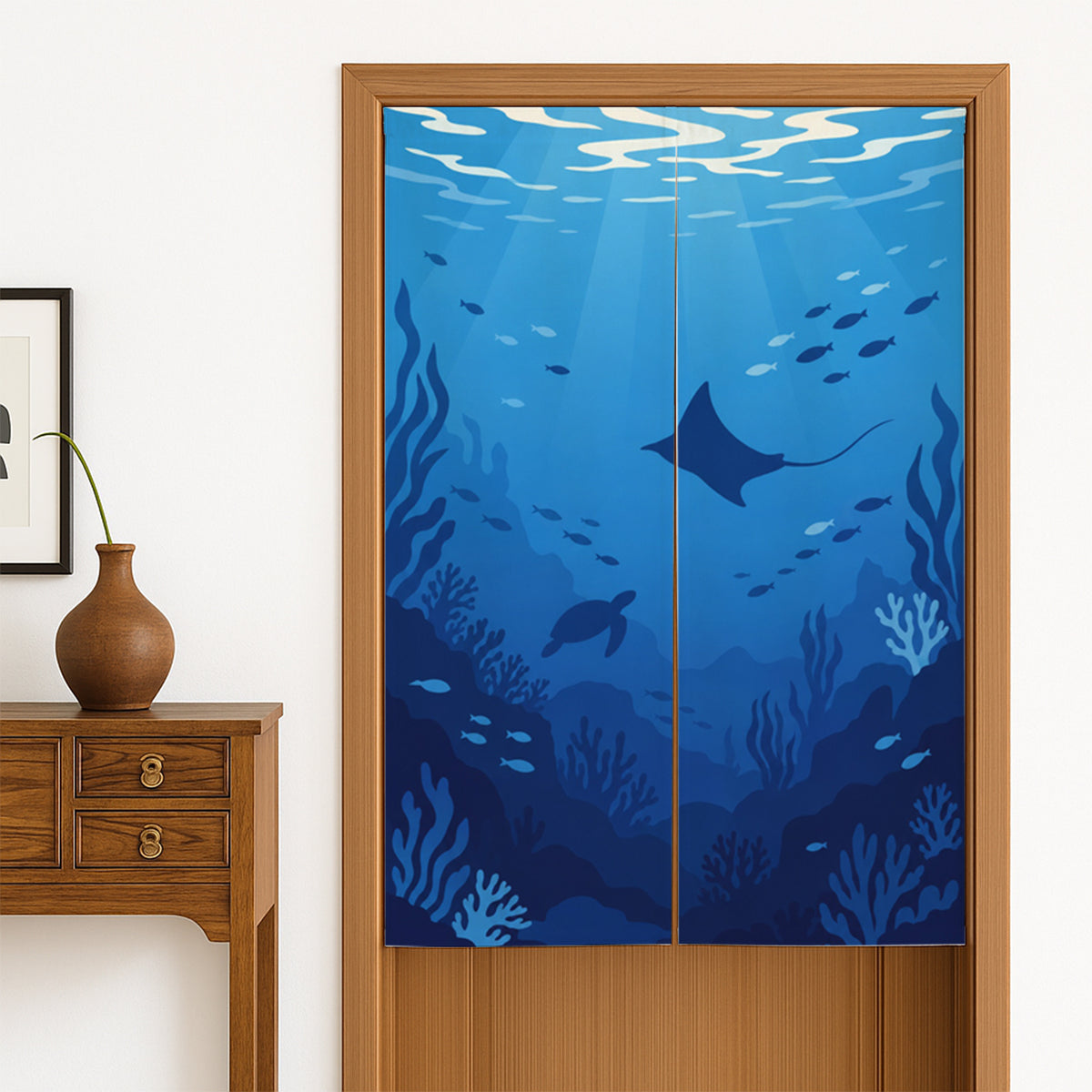 Feblilac Deep Sea Whale door curtain hanging in a Japanese style hallway