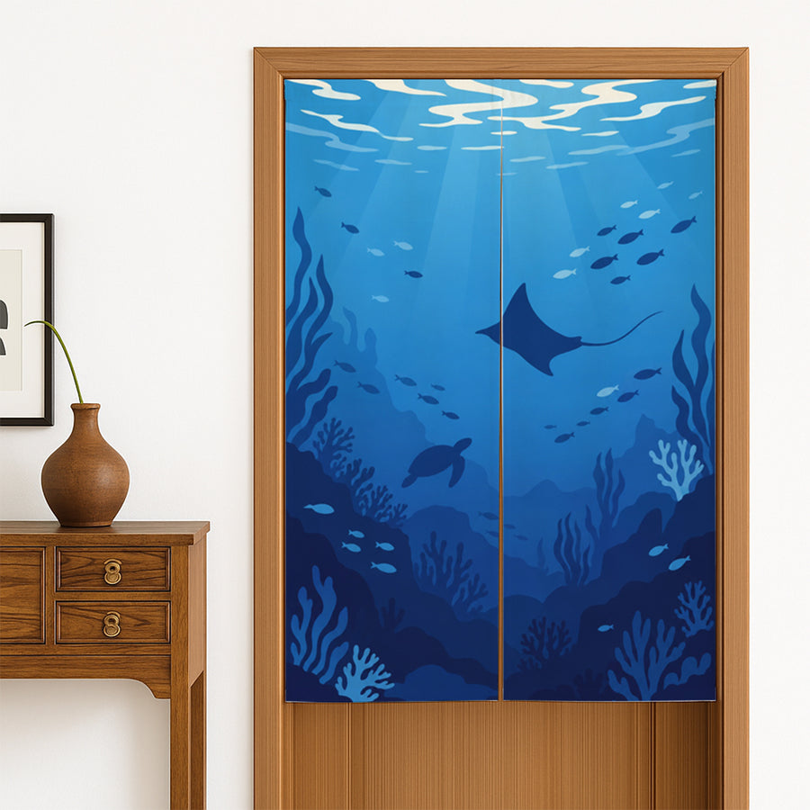 Feblilac Deep Sea Whale door curtain hanging in a Japanese style hallway