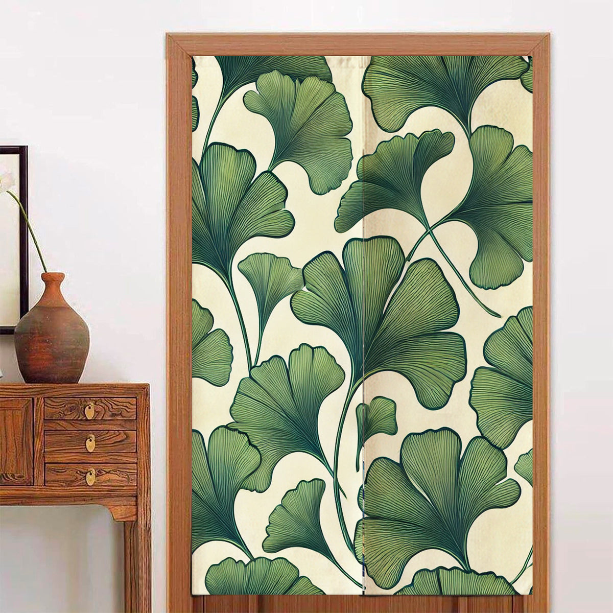 Feblilac Ginkgo Leaf Pattern door curtain hanging in a Japanese style hallway