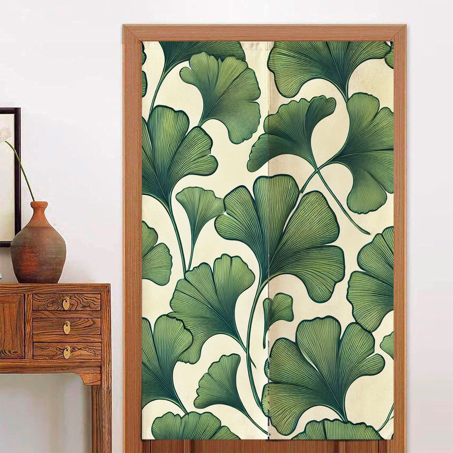 Feblilac Ginkgo Leaf Pattern door curtain hanging in a Japanese style hallway