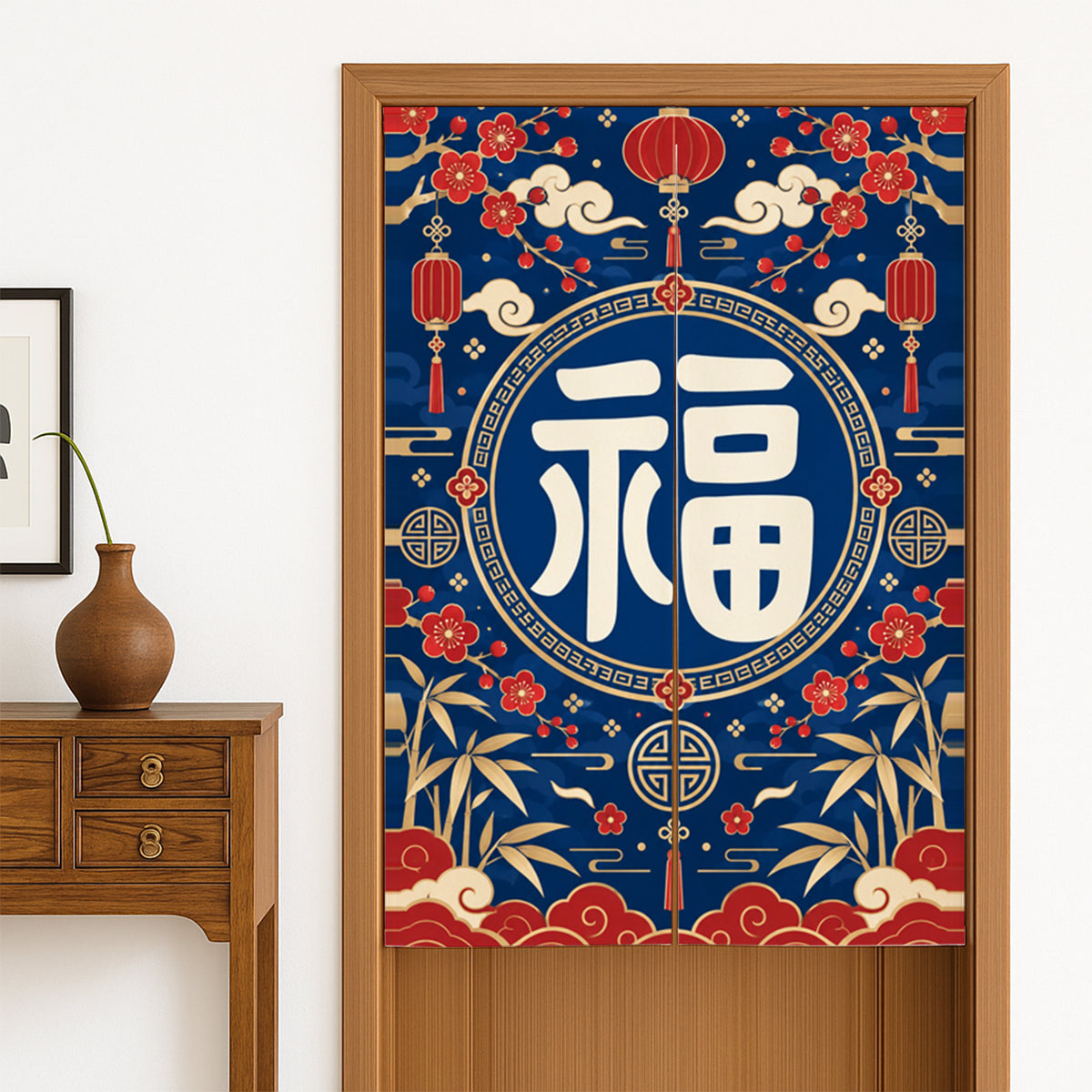 Feblilac Fu Fortune Blossom door curtain hanging in a Japanese style hallway