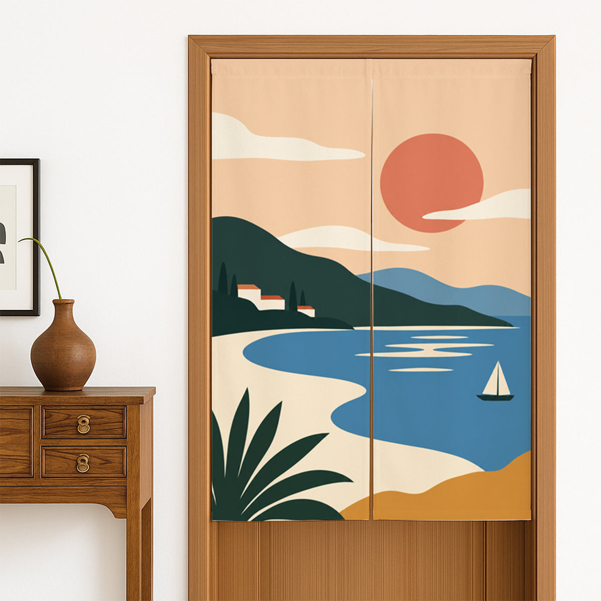Feblilac Minimal Landscape door curtain hanging in a Japanese style hallway