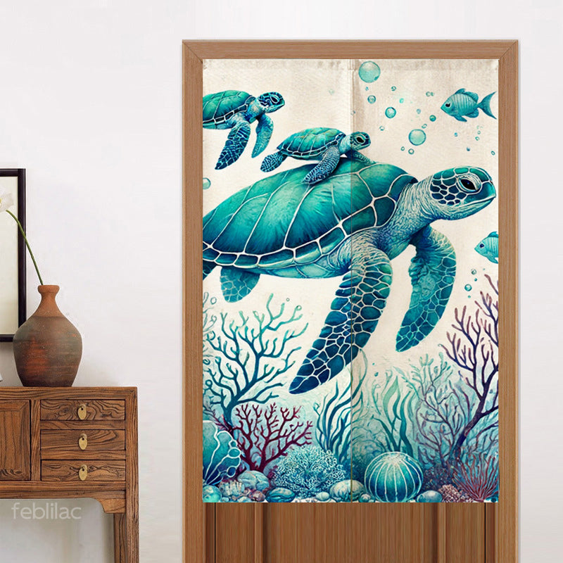 Feblilac Sea Turtle Mother and Child Watercolor Door Curtain