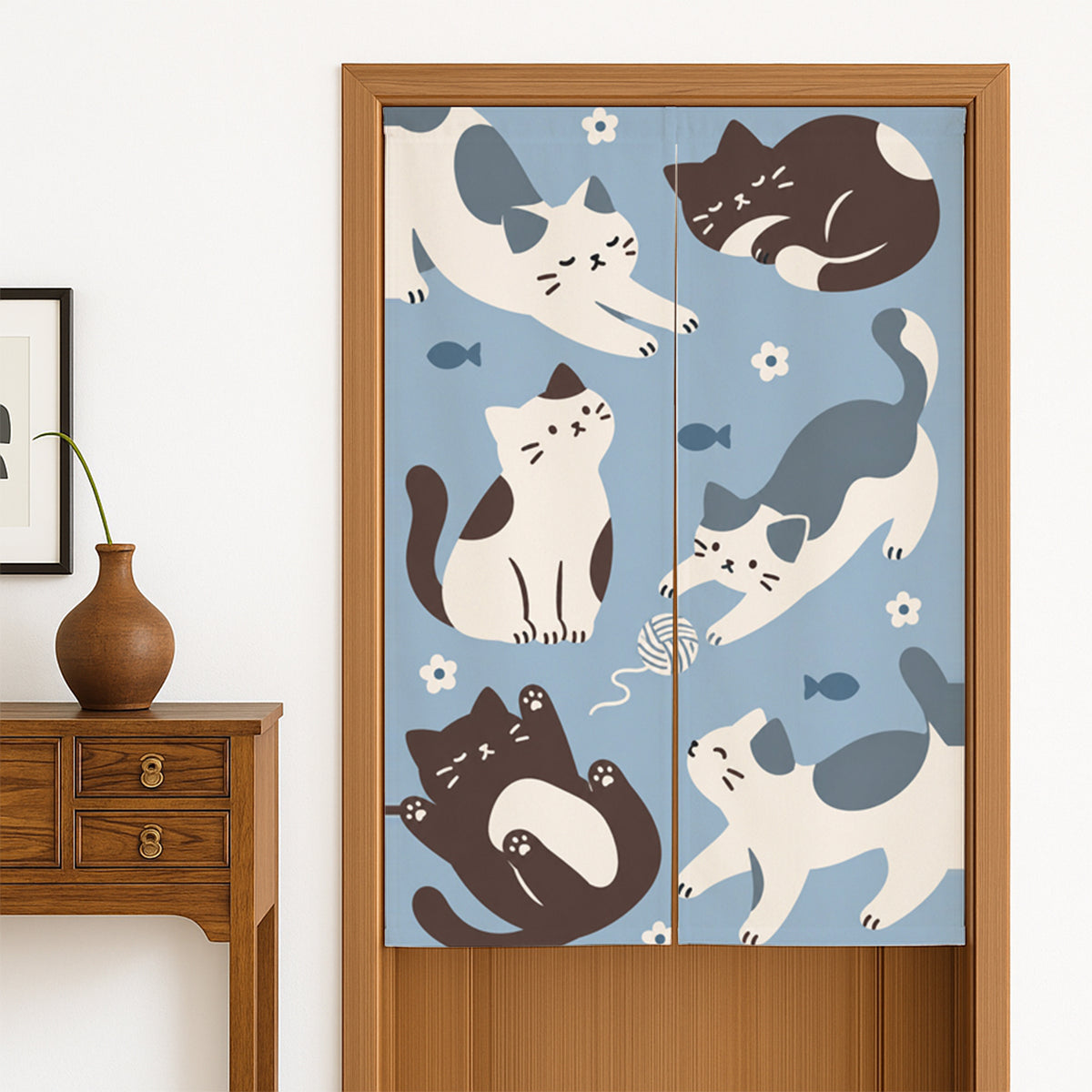 Feblilac Six Cats door curtain hanging in a Japanese style hallway