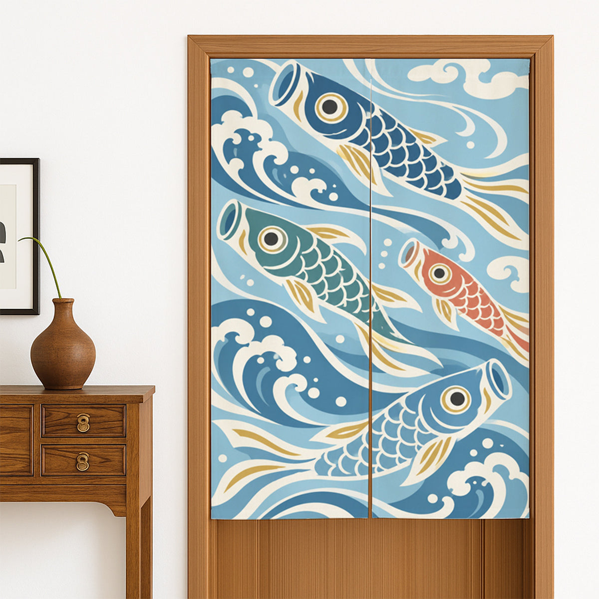 Feblilac Koinobori Carp Streamers door curtain hanging in a Japanese style hallway