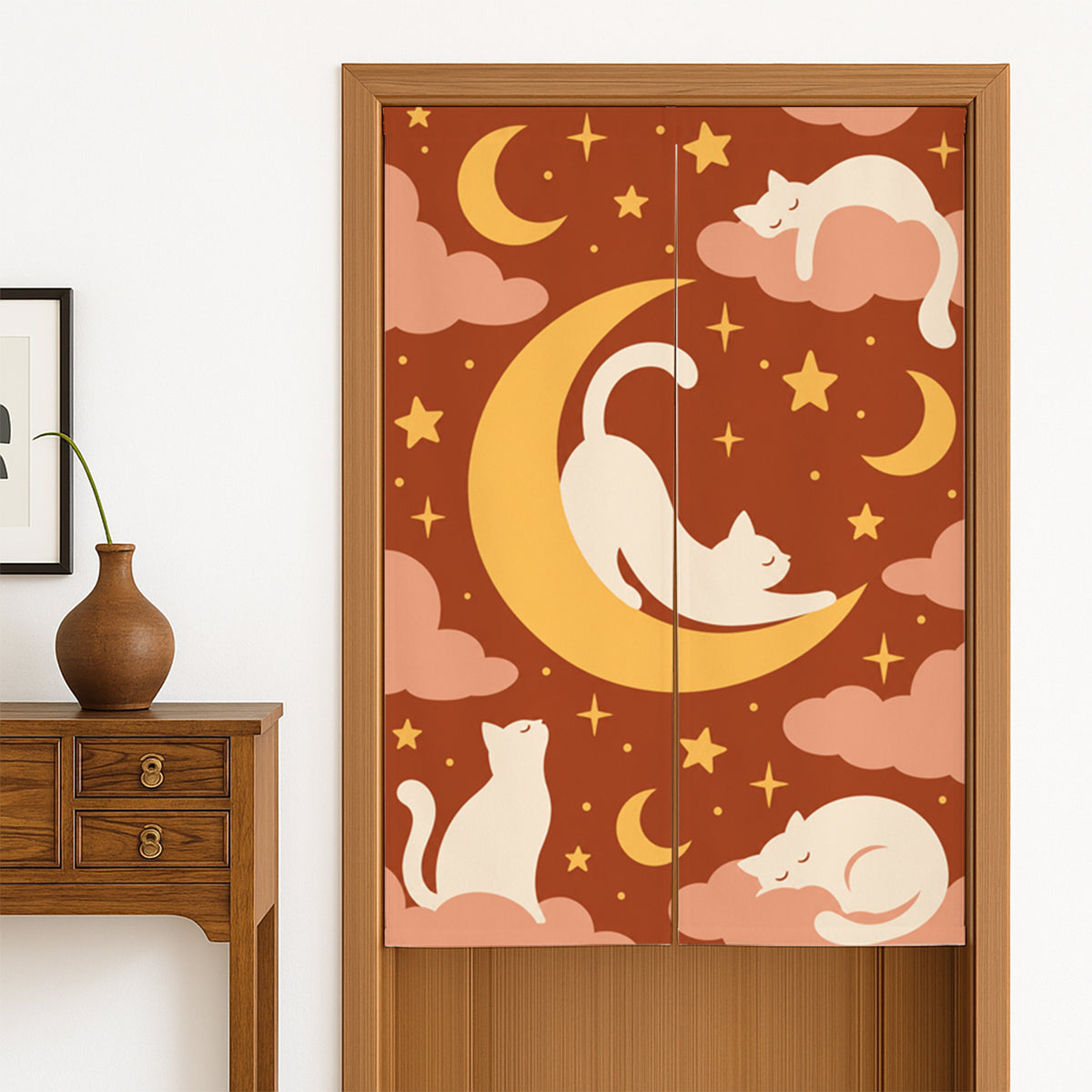 Feblilac White Cat and Moon door curtain hanging in a Japanese style hallway