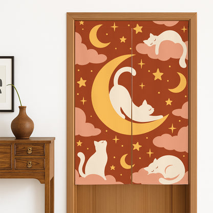Feblilac White Cat and Moon door curtain hanging in a Japanese style hallway