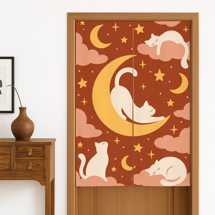 Feblilac White Cat and Moon door curtain hanging in a Japanese style hallway
