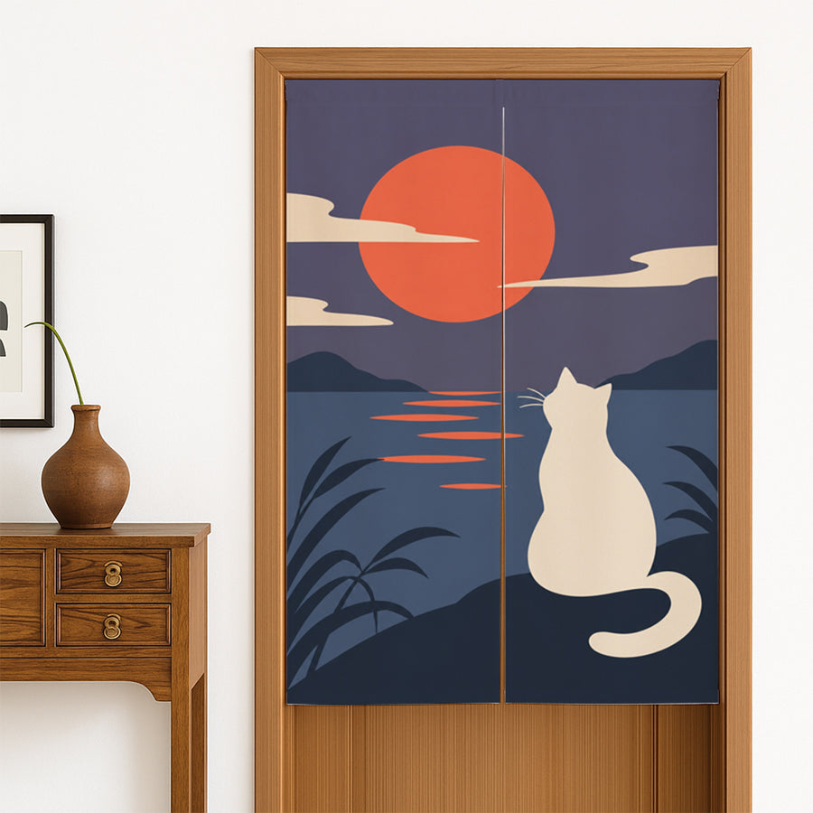 Feblilac Cat at Sunset door curtain hanging in a Japanese style hallway