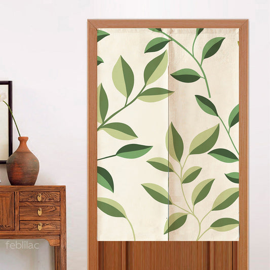 Feblilac Small Leaves Green Beige Background Door Curtain