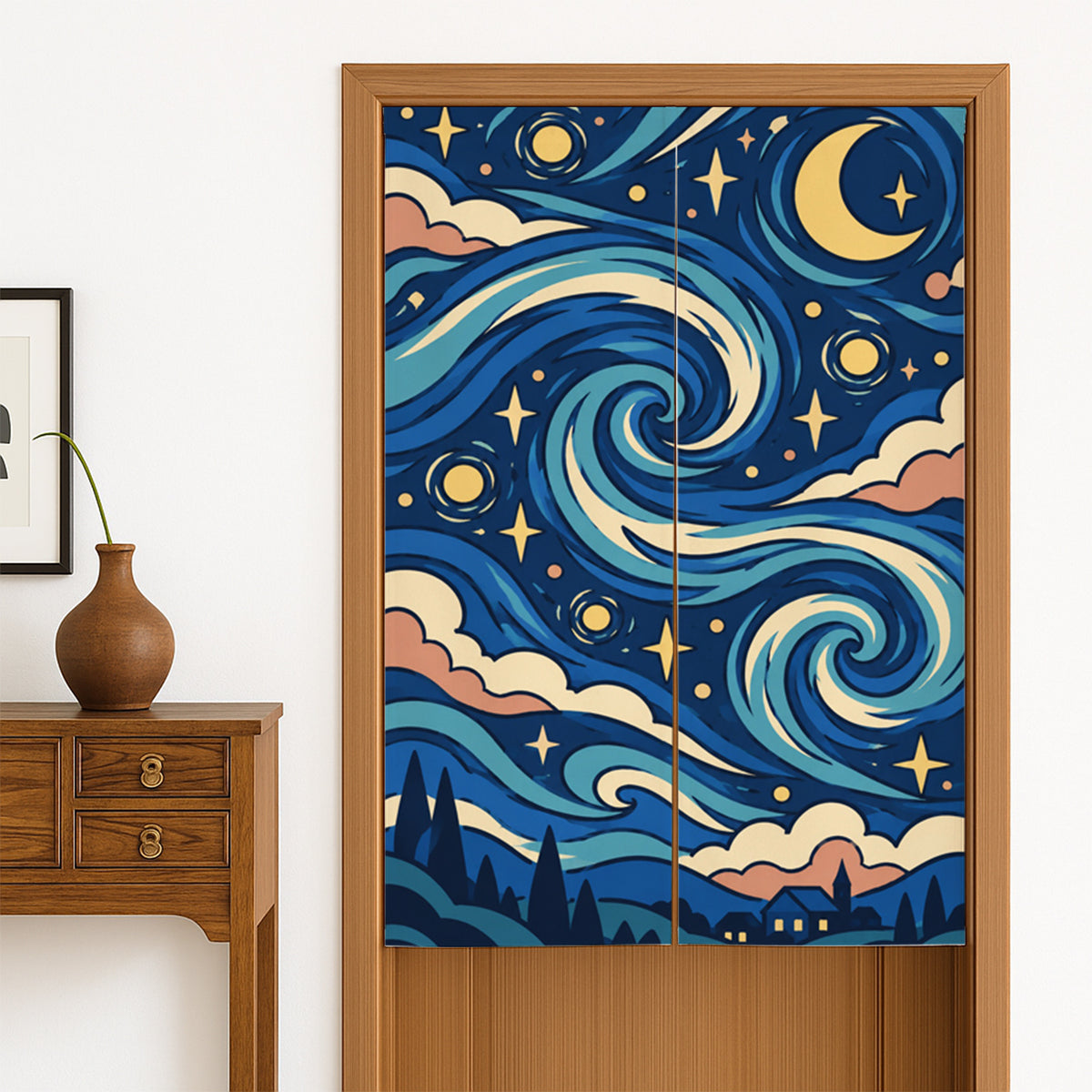 Feblilac Van Gogh Starry Night door curtain hanging in a Japanese style hallway