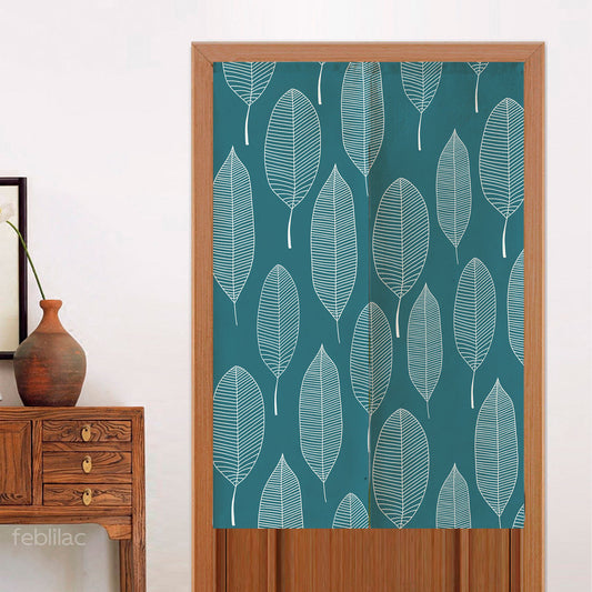 Feblilac White Leaves Green Background Door Curtain