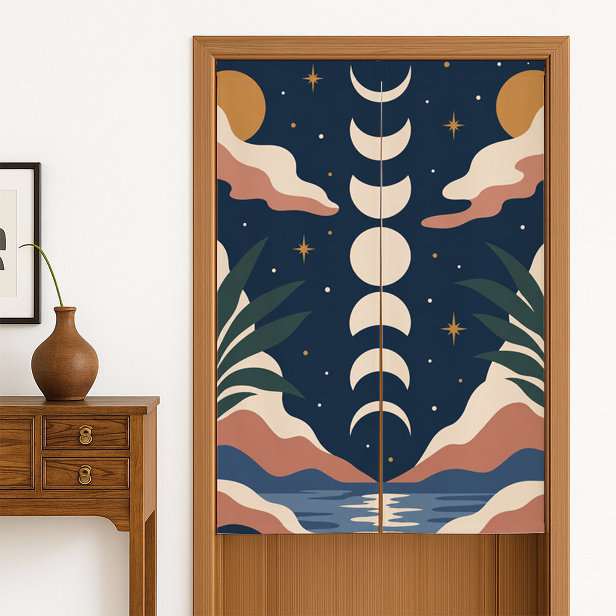 Feblilac Moon Phases door curtain hanging in a Japanese style hallway