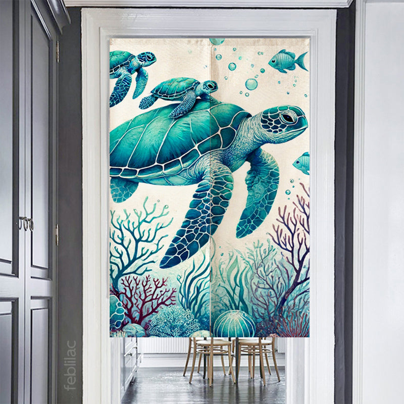 Feblilac Sea Turtle Mother and Child Watercolor Door Curtain