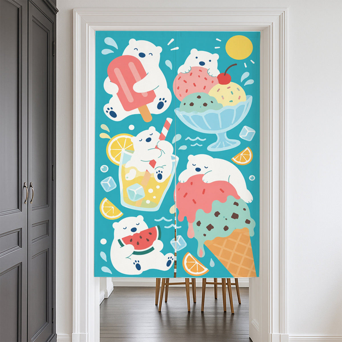 Feblilac Polar Bear Ice Cream door curtain at a modern living room doorway