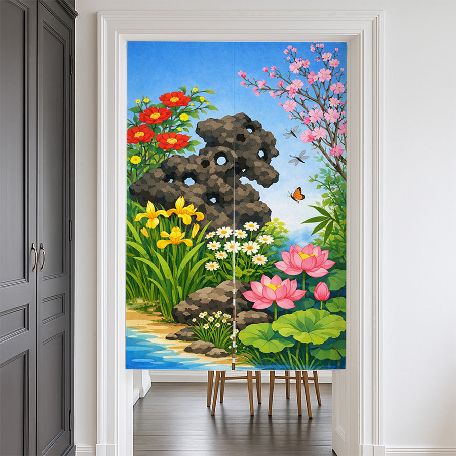 Feblilac Floral Garden Doorway Curtain, Japanese Style Noren Curtain - view 2