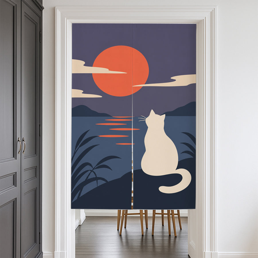 Feblilac Cat at Sunset door curtain at a modern living room doorway