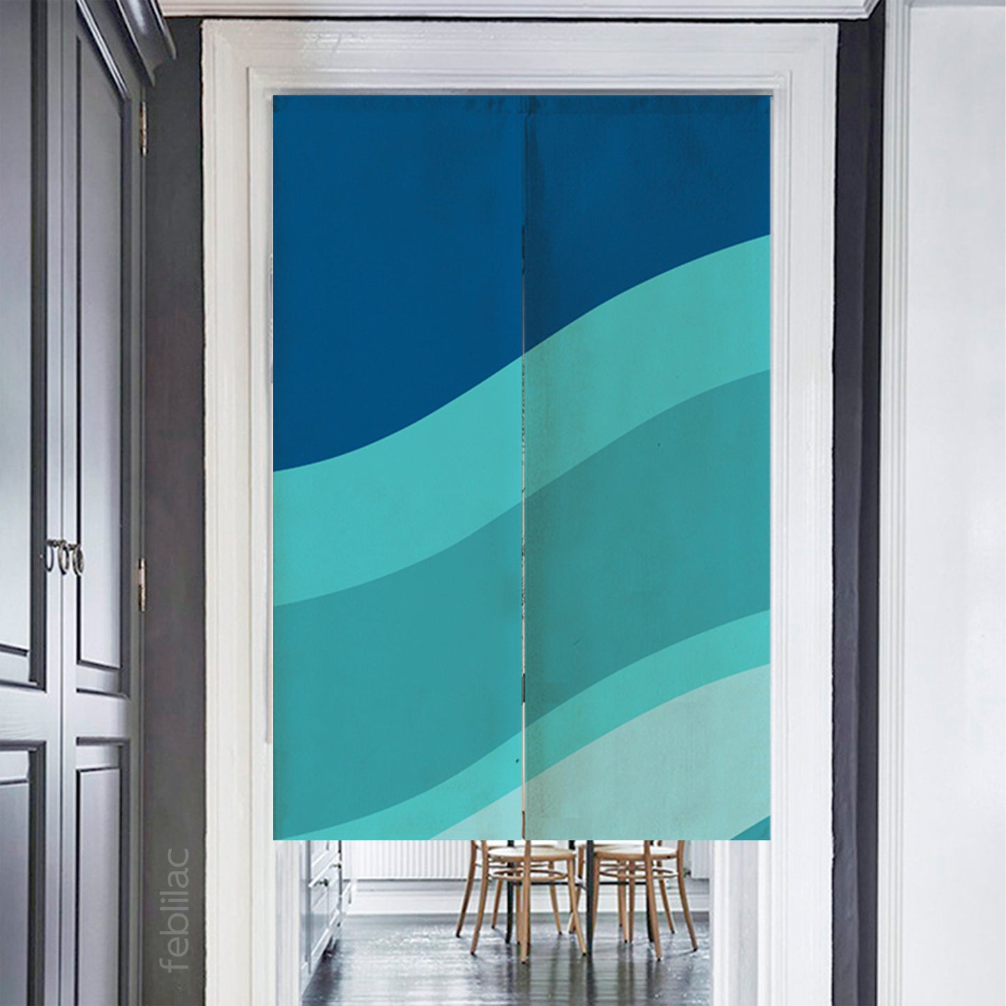 Feblilac Gradient Blue Flowing Waves Door Curtain