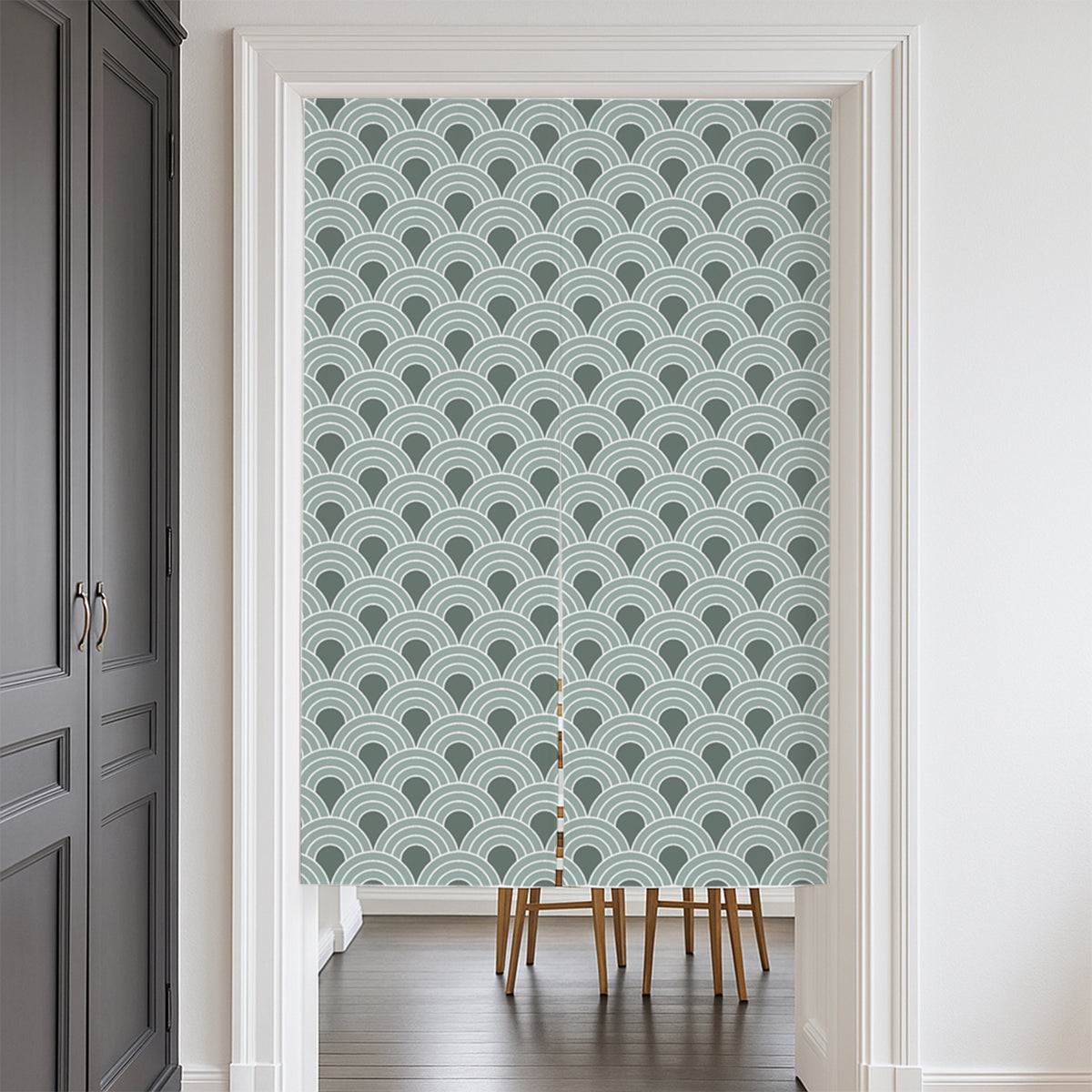 Feblilac Seigaiha Wave Green door curtain at a modern living room doorway