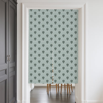 Feblilac Seigaiha Wave Green door curtain at a modern living room doorway