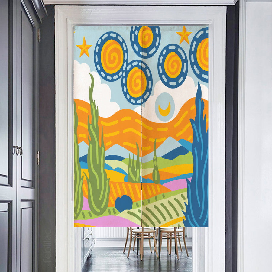 Feblilac Van Gogh Wheat Field Starry Sky Door Curtain - view 2