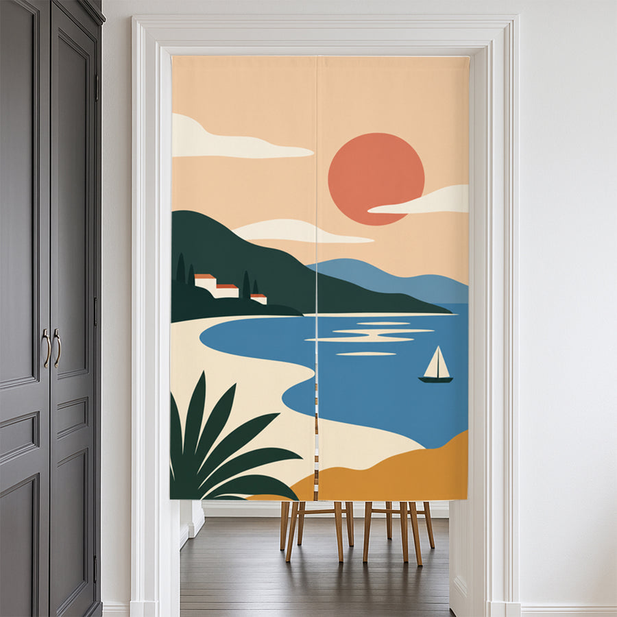 Feblilac Minimal Landscape door curtain at a modern living room doorway