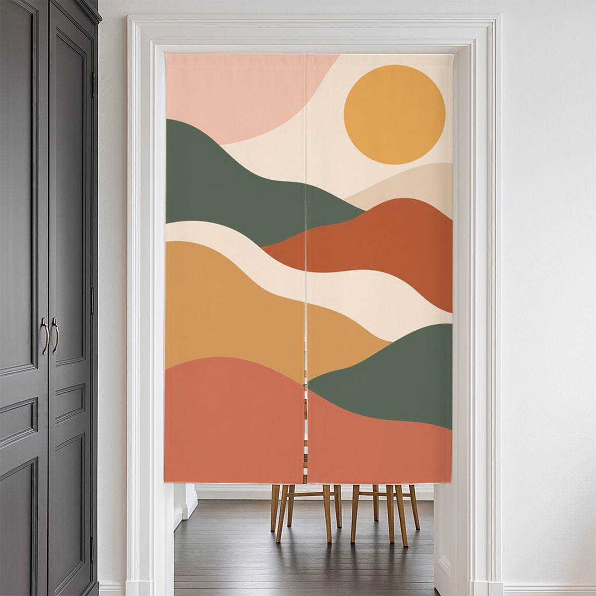 Feblilac Desert Curves door curtain at a modern living room doorway