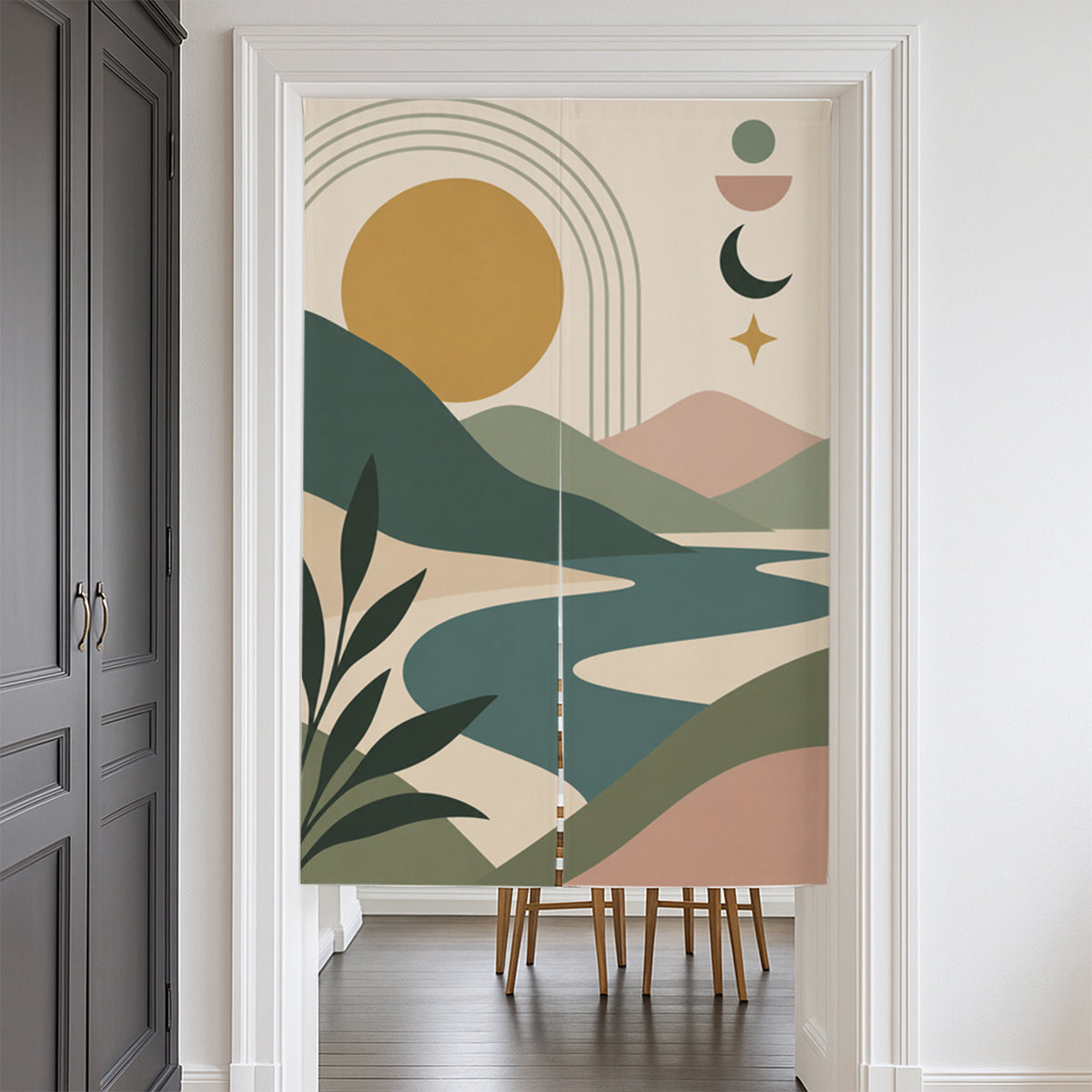 Feblilac Sun Moon Mountain Stream door curtain at a modern living room doorway