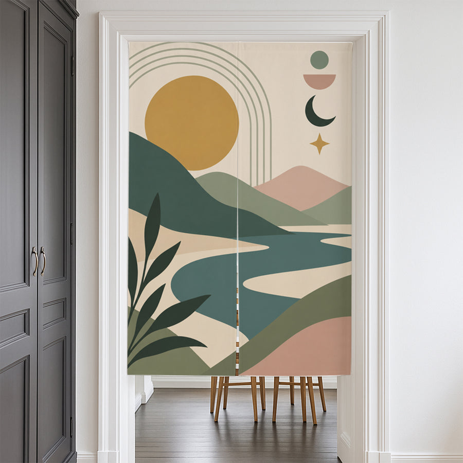 Feblilac Sun Moon Mountain Stream door curtain at a modern living room doorway